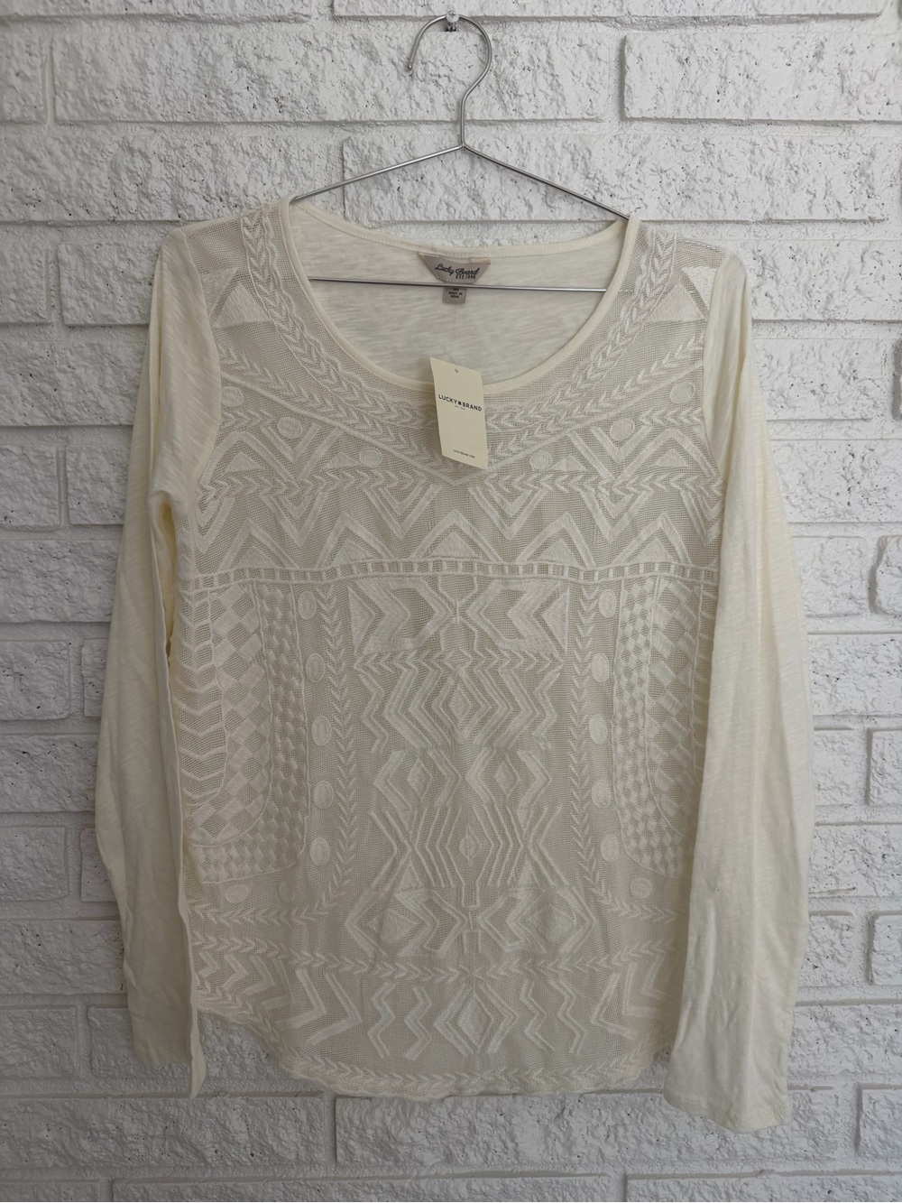 Lucky Brand Cream Long Sleeve Geometric Knit Top Embroidered